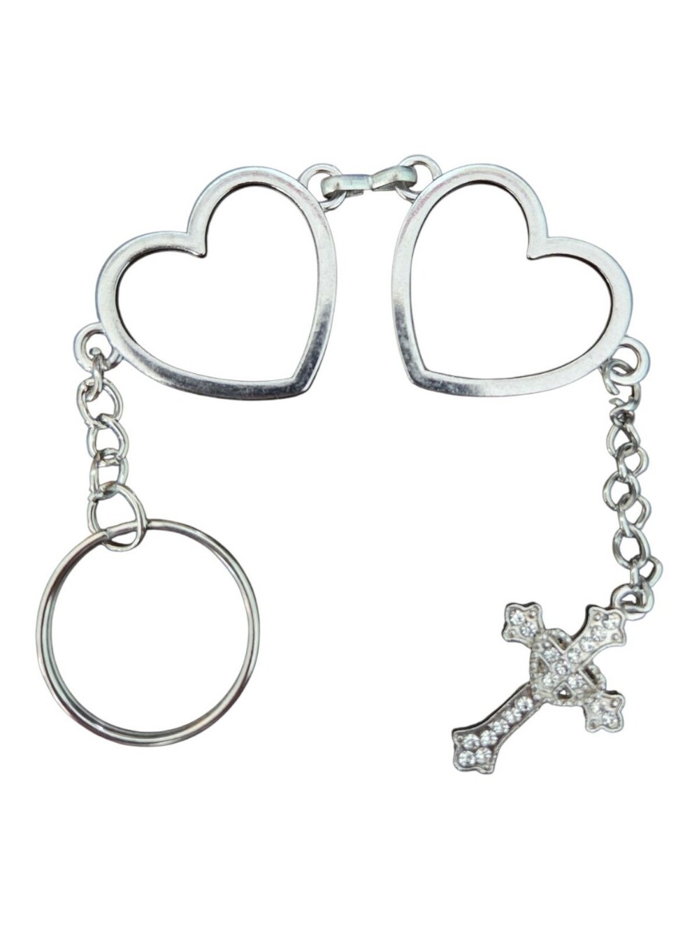 Silver Heart-Link Keychain with Crystal Cross Charm, EUC